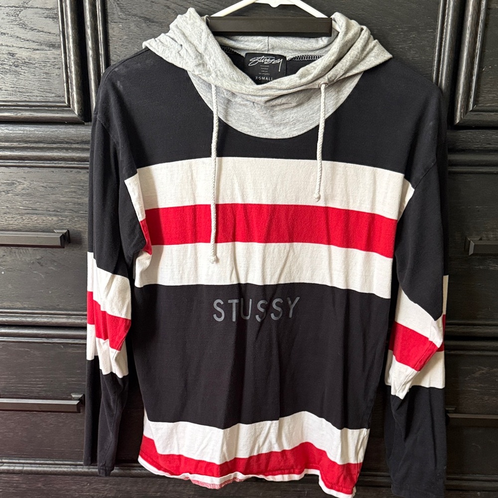 Stussy Colorblock Hoodie in Black, Red, and White